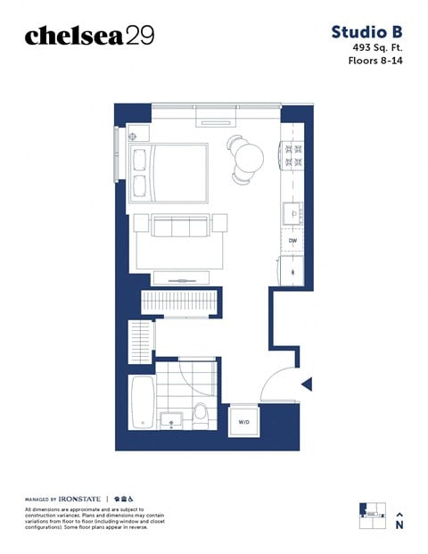 Floor plan for studio, 1 bath, 493 sqft